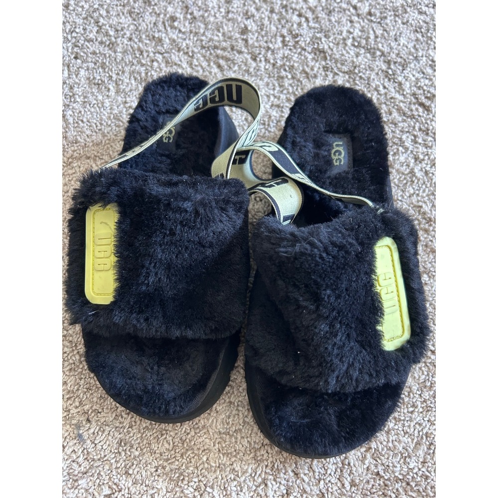 UGG Disco Black‎ and Neon Green Fuzzy Slides SZ 7